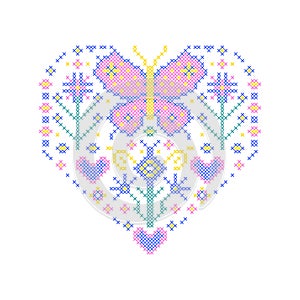 Heart with flowers and butterflies in cross stitch style