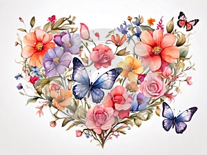 Heart of flowers and butterflies, watercolor