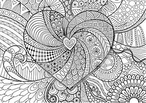 Heart on flowers zendoodle design for adult coloring book page. Stock Vector