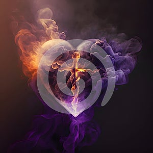 Heart formed from colored steam, smoke in the middle of a bright Cross. Heart as a symbol of affection and love