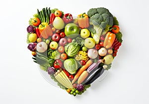 Heart formed by a group of vegetables and fruit in the most diverse colors. Healthy food