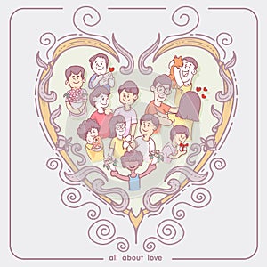 Heart frame and character ,hand drawn, hearts shape. Valentine`s day design elements. vector and doodle