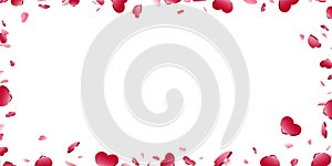 Heart frame isolated white background. Red hearts fall confetti border. Abstract heart-shape design love card, wedding
