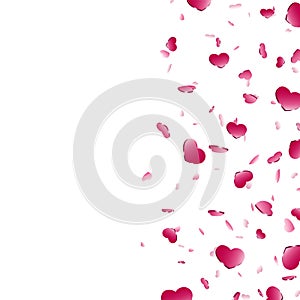 Heart frame isolated white background. Red hearts fall confetti border. Abstract heart-shape design love card, wedding