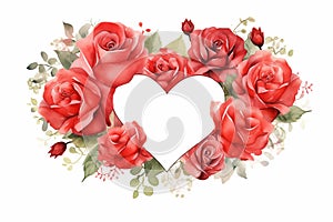 Heart frame of red roses for an image or text on a white background. Watercolor drawing.