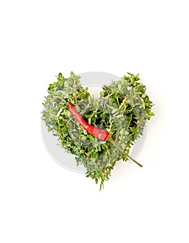 Heart of fresh thyme branches and chili pepper on a clean white