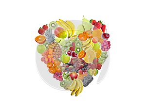 Heart full of different fruits on a white background - 3d rendering photo