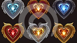 The Heart Gem Rank Medal game badge comes in gold, silver, bronze, and platinum designs with wings. A set of achievement