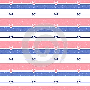 Heart geometrical seamless pattern. Blue, pink tender color stripes for kids nursery design. White editable color