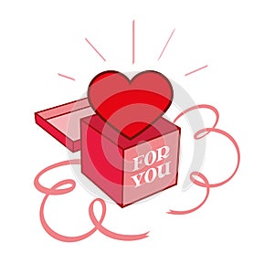 Heart from the Giftbox. Valentines day holiday image. Red heart, open giftbox and pink ribbon. Isolated, white background.