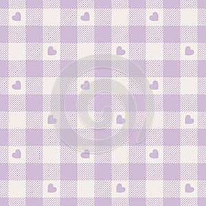 Heart gingham check pattern design in soft lilac and off white. Seamless abstract vector geometric vichy tartan plaid.
