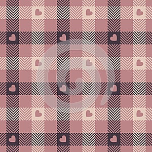 Heart gingham check plaid pattern in pink and brown for Valentine\'s Day design. Seamless herringbone vichy tartan.