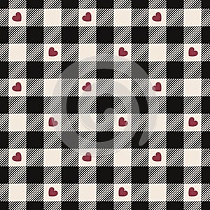 Heart gingham check plaid pattern for Valentine`s Day print. Seamless black, red, off white vichy tartan for dress, skirt, jacket.