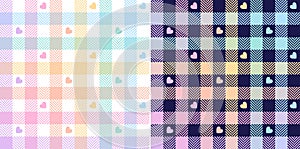 Heart gingham plaid pattern. Geometric multicolored pastel seamless vichy tartan graphic set for Valentines Day.