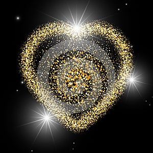 Heart with glitter confetti on black background. Gold sparkles heart. Magic star dust. Glow luxury golden background. Valentines