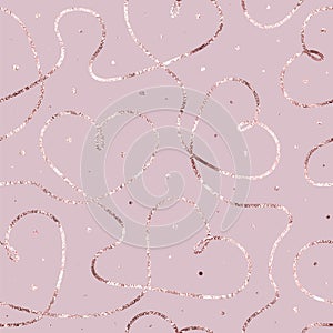 Heart gold seamless pattern. Pink glam marble background. Repeating rose gold hearts. Elegant printing. Repetition glitter patern