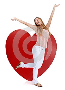 Heart graphic, valentine love portrait and woman happy with freedom and excited feeling. Model, isolated white