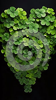 Heart of green four-leaf clovers on black background. Green four-leaf clover symbol of St. Patrick\'s Day