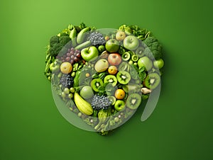 Heart of green fruits and vegetables isolated on green background. Green life concept and healthy eating lifestyle. Shape of heart