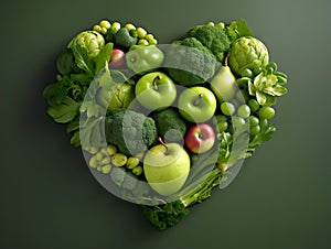 Heart of green fruits and vegetables isolated on green background. Green life concept and healthy eating lifestyle. Shape of heart