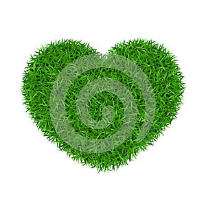 Heart green grass 3D. Green grass love land isolated white background. Ecology garden, heart-shape. Bio texture