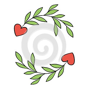 Heart with green leaves branch devider border for love valentine card design