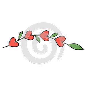 Heart with green leaves branch devider border for love valentine card design photo
