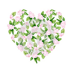 Heart of green leaves and pink berries. Watercolor illustration for Christmas, New Year, birthday, wedding, Valentine\'s Day.