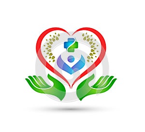 Heart green logo people healthcare in hands together vector best quality logo design for your company.