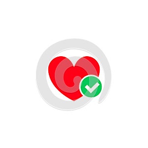 Heart and green tick checkmark vector icon