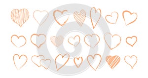 Heart hand drawn line icon, doodle outline set peach color, cute love sketch, symbol Valentines Day 2024. Scribble pencil art.