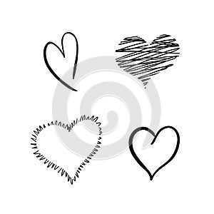 Heart hand drawn vector set. The love symbol is the heart. Great for love pattern, background, greeting card, invitation, wedding