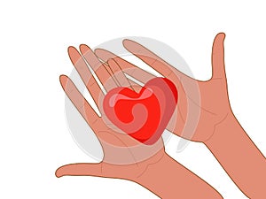 Heart in hand. Human hand holding red heart isolated on white background. Vector Hands donate hearts. Charity, volunteer