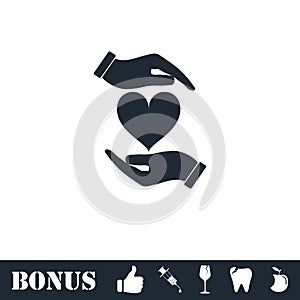 Heart in hand icon flat