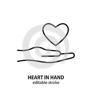 Heart in hand line icon. Heart health care vector symbol. Love and insurance sign. Editable stroke