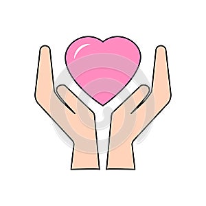 Heart on hand sign. Colored symbol. Protecting logo. Care concept. Love background. Vector illustration. Stock image.