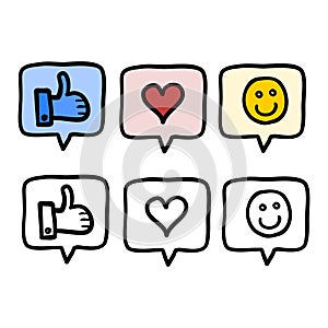 Heart, hand with thumb up and smile inside speech bubble. Social network icons