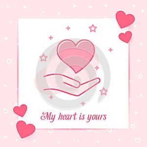 Heart on hand valentine card love text icon vector