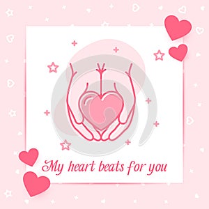 Heart in hand valentine card love text icon vector