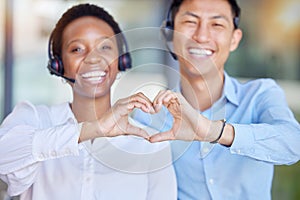 Heart hands, call center and portrait of business people consulting for crm or customer service. Finger, emoji and happy