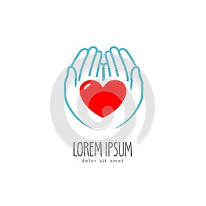 Heart in the hands. Health, charity logo or label. Vector illustration