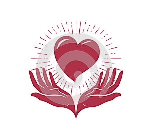 Heart in hands, logo. Love, charity label or symbol. Vector illustration