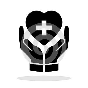 Heart in hands. Medical care icon in flat style. Healthcare hands holding heart icon.