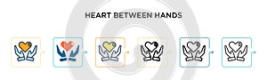 Heart between hands vector icon in 6 different modern styles. Black, two colored heart between hands icons designed in filled,