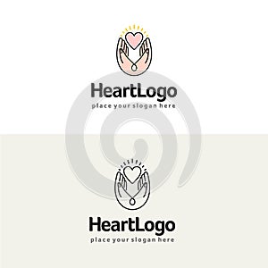 Heart in hands vector logo. Charity and care illustration.