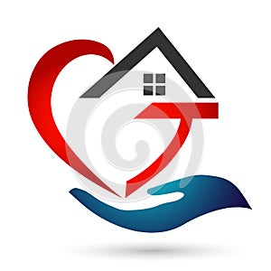 Heart happy family home house love union hand care  compassion concept icon logo element vector on white background