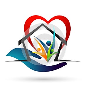 Heart happy family people home house love union compassion concept icon logo element vector on white background