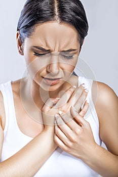 Heart Health Care. Closeup Of Young Woman Feeling Strong Pain In