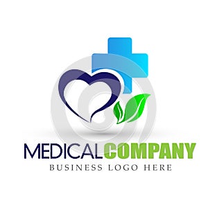 Heart health care medical cross nature leaves logo icon on white background