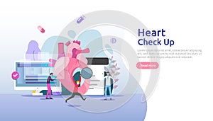 Heart health, disease, cardiology concept with character. hypertension symptoms & cholesterol blood pressure measurement. Medical